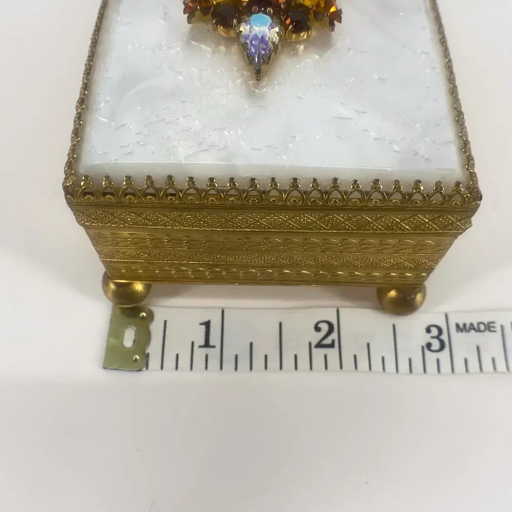 Vintage Austria Jeweled Trinket Box Gold Tone Etched Red Velvet Lined